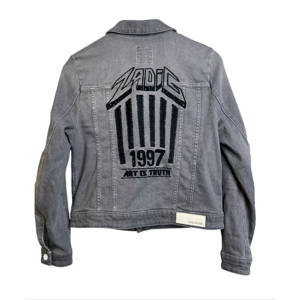 ZADIG & VOLTAIRE Kioky Gris Brode Denim Jacket Grey Size Large Art is Truth